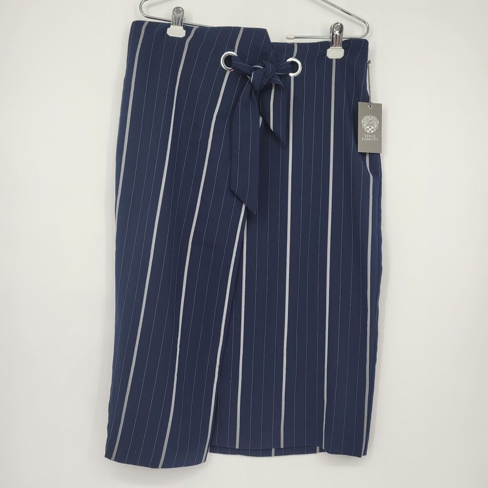 Vince Camuto navy blue striped midi wrap style skirt size 10 NWT